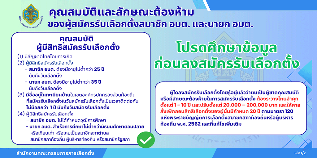 คุณสมบัติและลักษณะต้องห้ามของผู้สมัครรับเลือกตั้ง สมาชิก อบต.และนายก อบต.