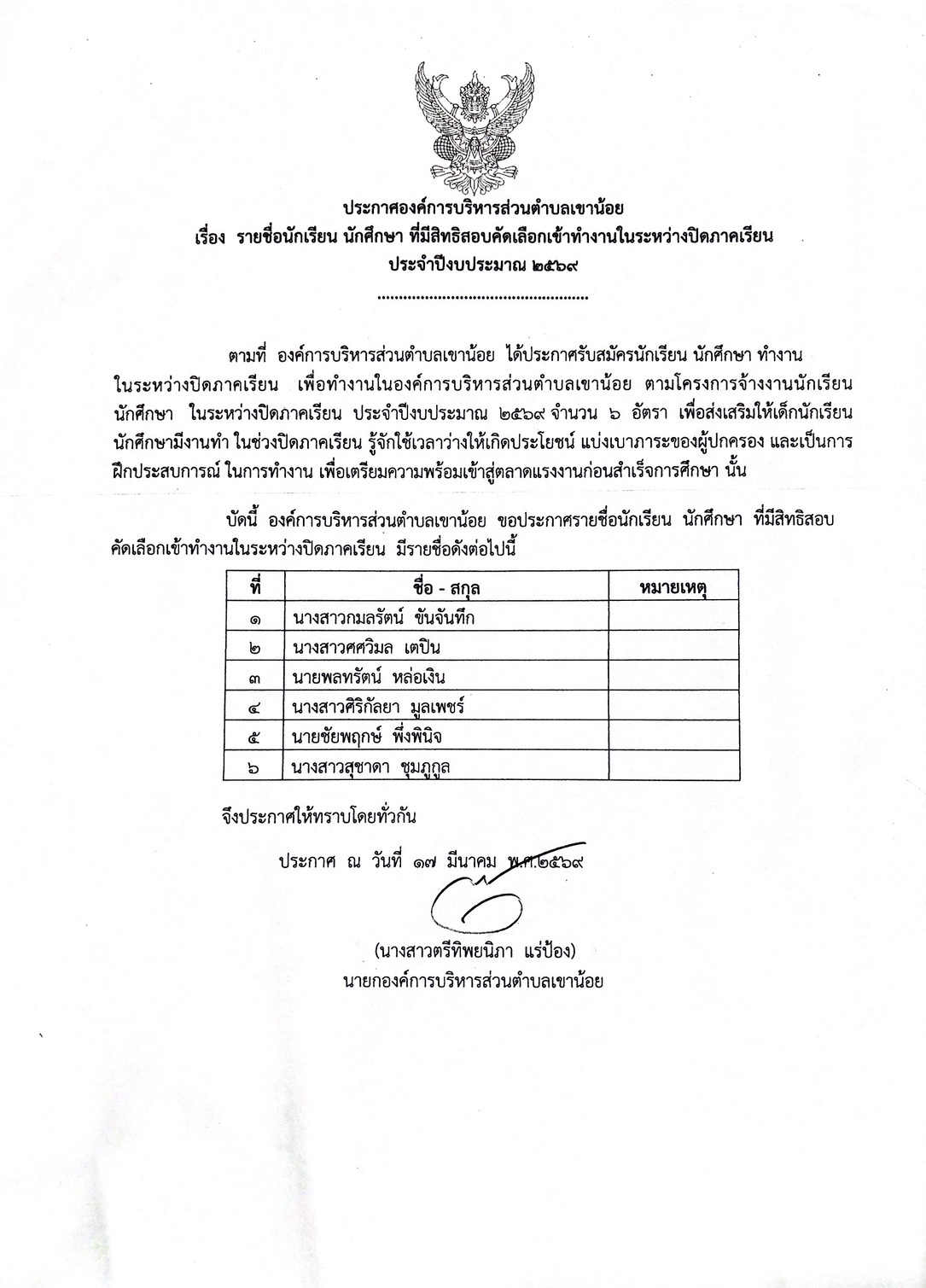 ประกาศองค์การบริหารส่วนตำบลเขาน้อย