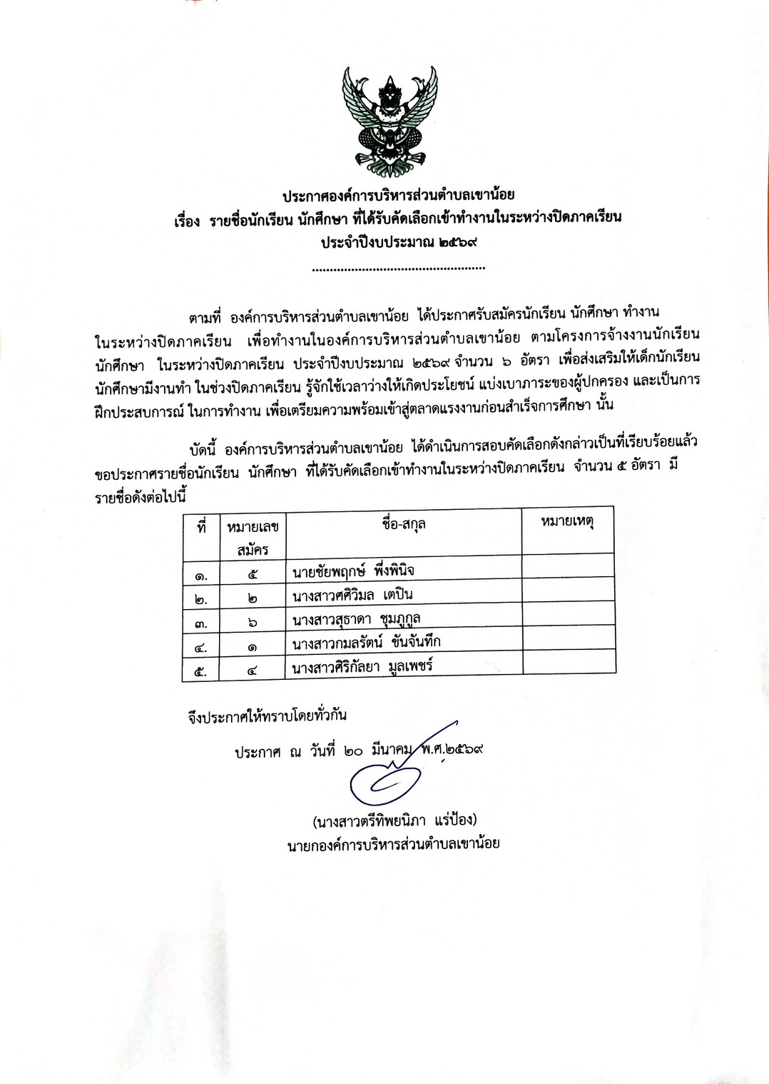 ประกาศองค์การบริหารส่วนตำบลเขาน้อย